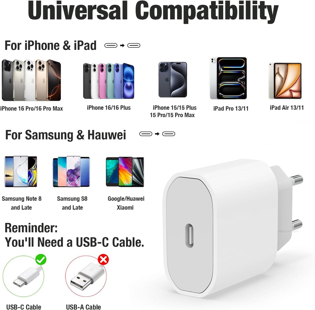 20W USB C Fast Charger with USB C to USB C  for iPhone 16/16 Pro/16 Pro Max/15/15 Pro/15 Pro Max/15 Plus, iPad Pro/Air, USBC Plug Head Charging Adapter Type C Wall Charged Current 1m cable