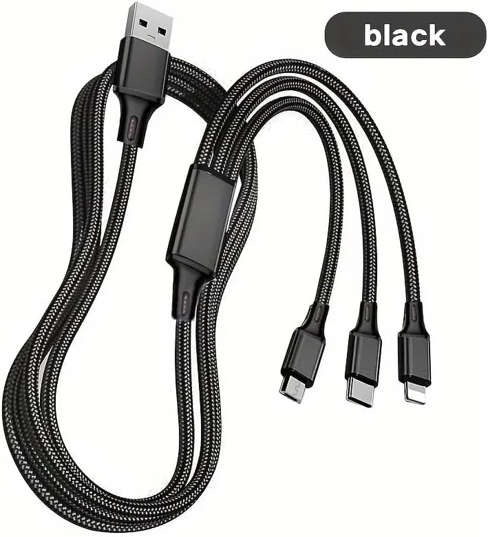 Universal Fast Charging 3 In 1, USB-C, Micro USB, Nylon Braided Fast Charging Usb Cable  Compatibility Support for iPhone, Android, tablets, power banks, and other USB-powered devices Black