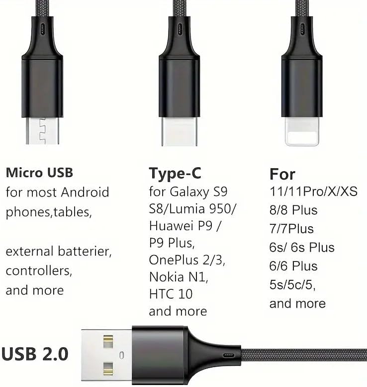 Universal Fast Charging 3 In 1, USB-C, Micro USB, Nylon Braided Fast Charging Usb Cable  Compatibility Support for iPhone, Android, tablets, power banks, and other USB-powered devices Black