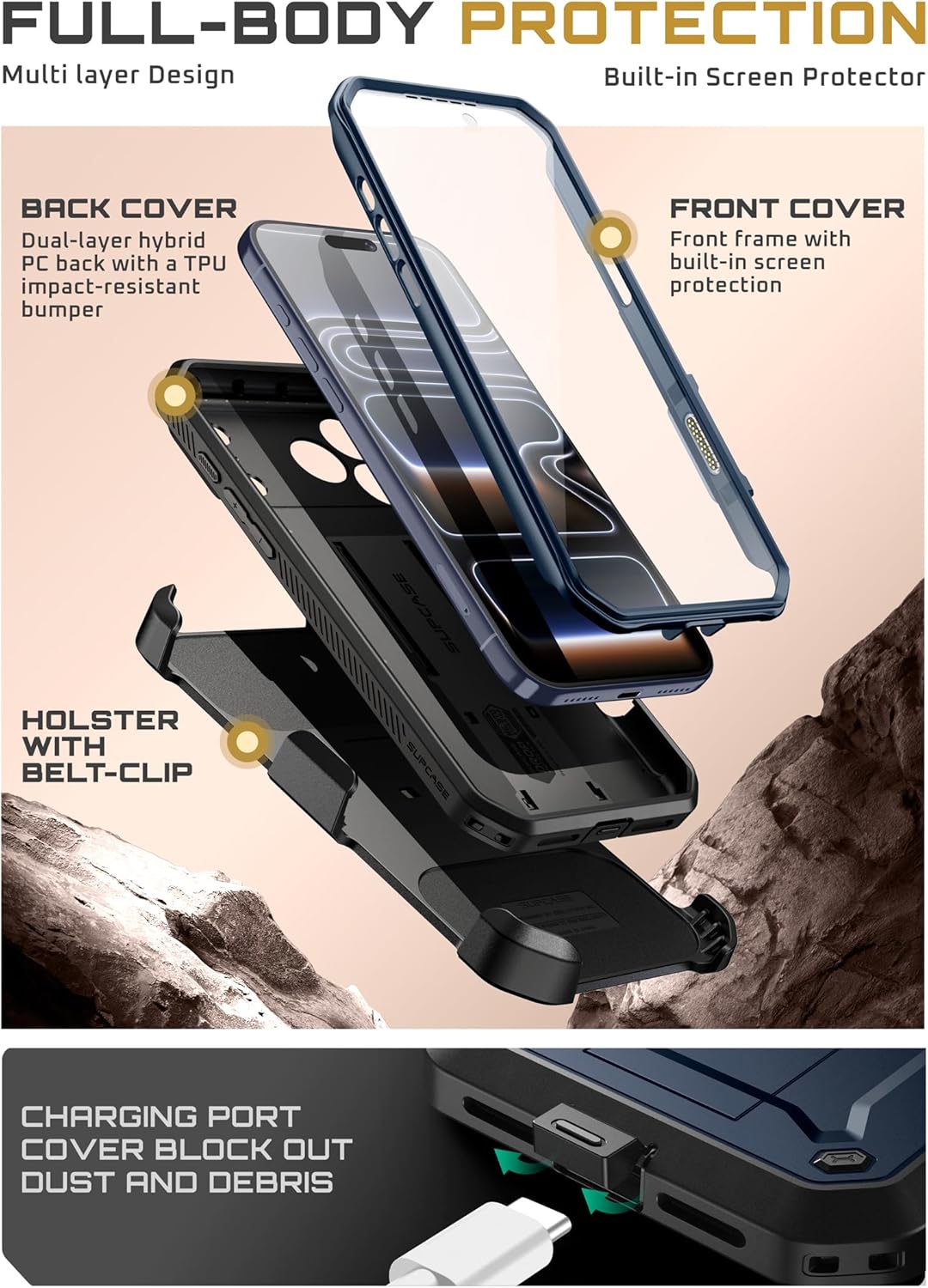 iPhone 17 Pro Max Case with Camera Control Button SUPCASE case Unicorn Beetle Pro, [Built-in Kickstand & Screen Protector Military-Grade Protection Full Body Heavy Duty Phone Case, Azure