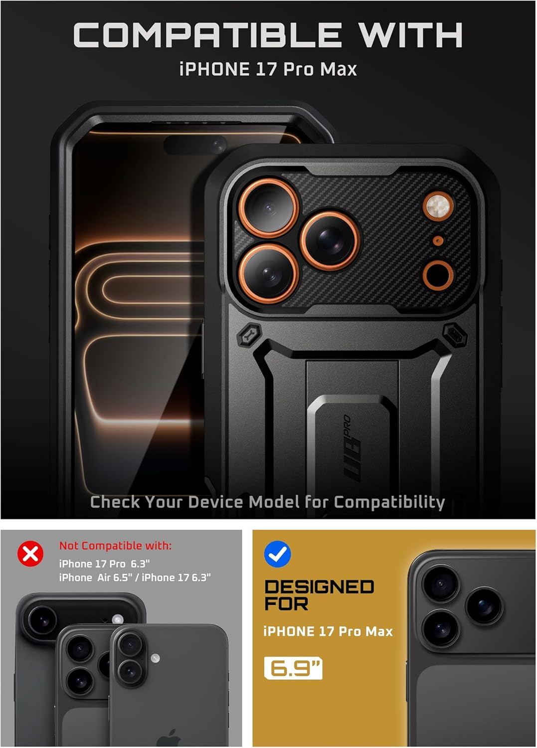 iPhone 17 Pro Max Case with Camera Control Button SUPCASE case Unicorn Beetle Pro, [Built-in Kickstand & Screen Protector Military-Grade Protection Full Body Heavy Duty Phone Case, Black