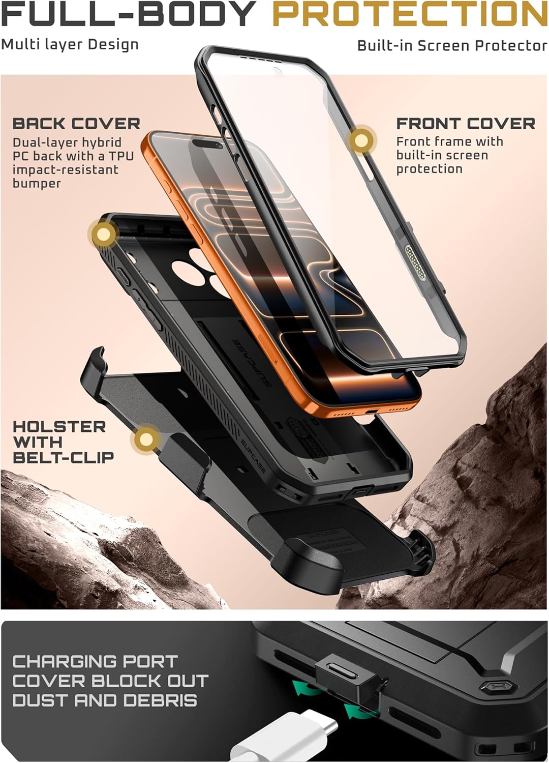 iPhone 17 Pro Max Case with Camera Control Button SUPCASE case Unicorn Beetle Pro, [Built-in Kickstand & Screen Protector Military-Grade Protection Full Body Heavy Duty Phone Case, Black