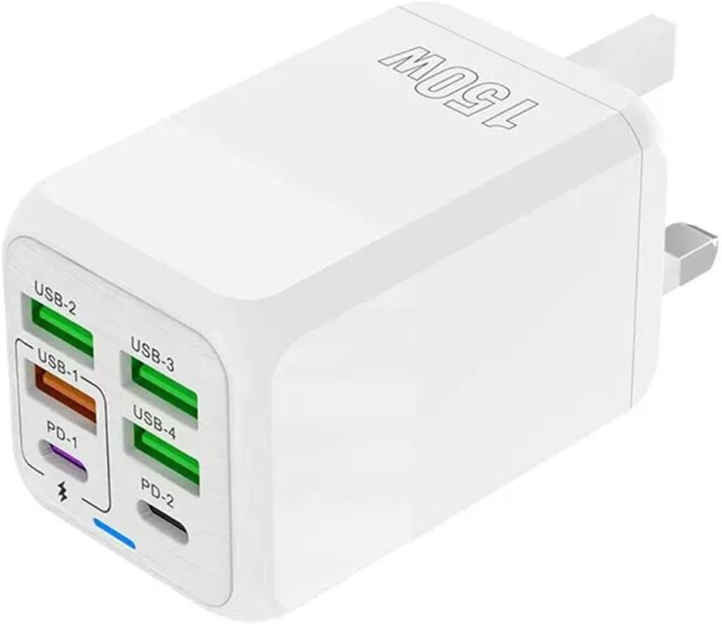 150W Fast USB C Charger, Total power 150W 6-Port USB Dual PD 2-USB-C and QC 3.0 4-USB-A Fast Charging Port Multi Wall Charger USB Plug Adapter for iphone16/16 Pro/16 Pro Max,15/14 Series, Android White