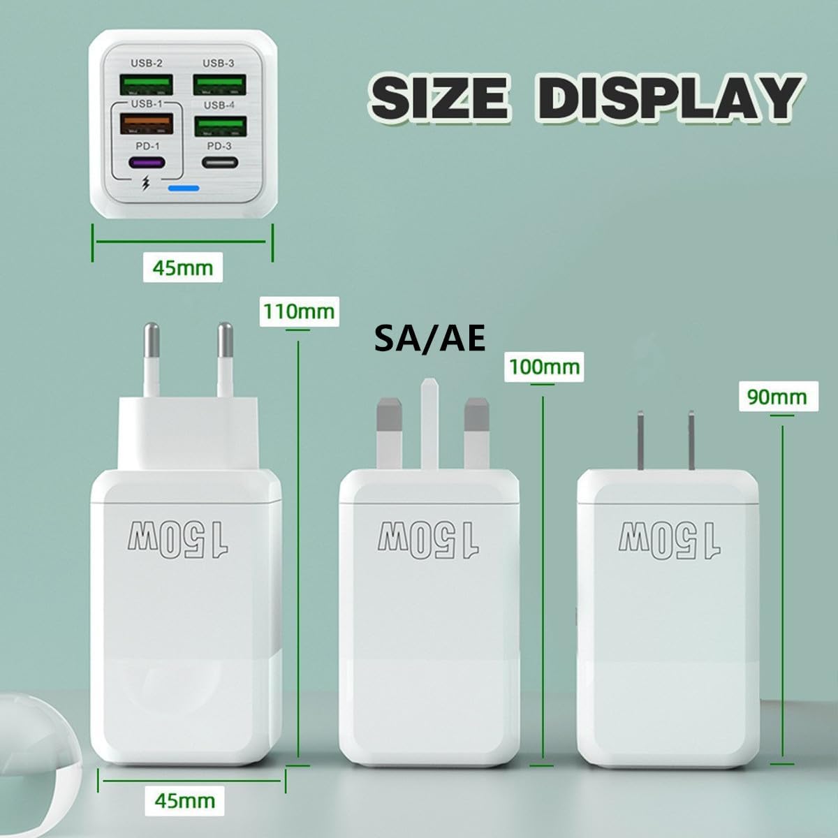 150W Fast USB C Charger, Total power 150W 6-Port USB Dual PD 2-USB-C and QC 3.0 4-USB-A Fast Charging Port Multi Wall Charger USB Plug Adapter for iphone16/16 Pro/16 Pro Max,15/14 Series, Android White