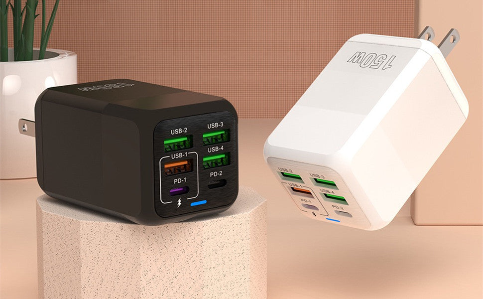 150W Fast USB C Charger, Total power 150W 6-Port USB Dual PD 2-USB-C and QC 3.0 4-USB-A Fast Charging Port Multi Wall Charger USB Plug Adapter for iphone16/16 Pro/16 Pro Max,15/14 Series, Android White